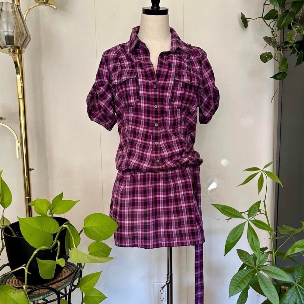 Express Plaid Mini Dress Purple Pink Metallic Stitch Tie Waist Tunic Womens L